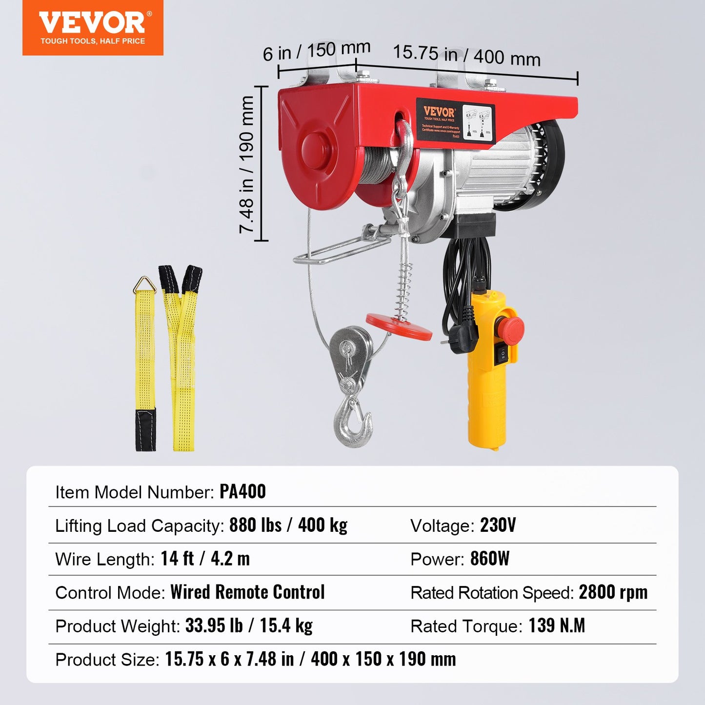 Elektrisk lyftkranvinsch 880 lbs med 14 fot trådbunden fjärrkontroll 230V