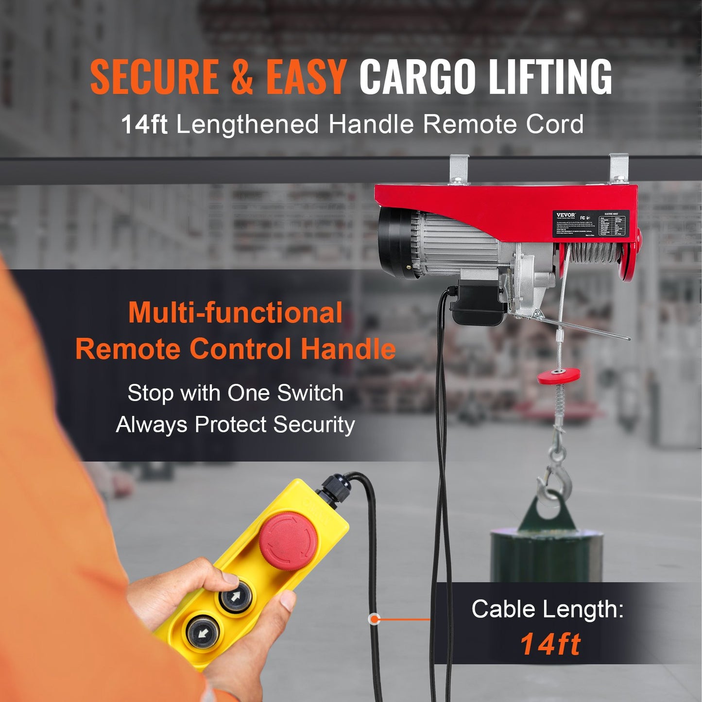 Electric Hoist, 2200 lbs Lifting Capacity, 1600W 220V Electric Steel Wire Rope Winch with 14ft Wired Remote Control, 40ft Single Cable Lifting Height and Pure Copper Motor, for Garage Warehouse Factory