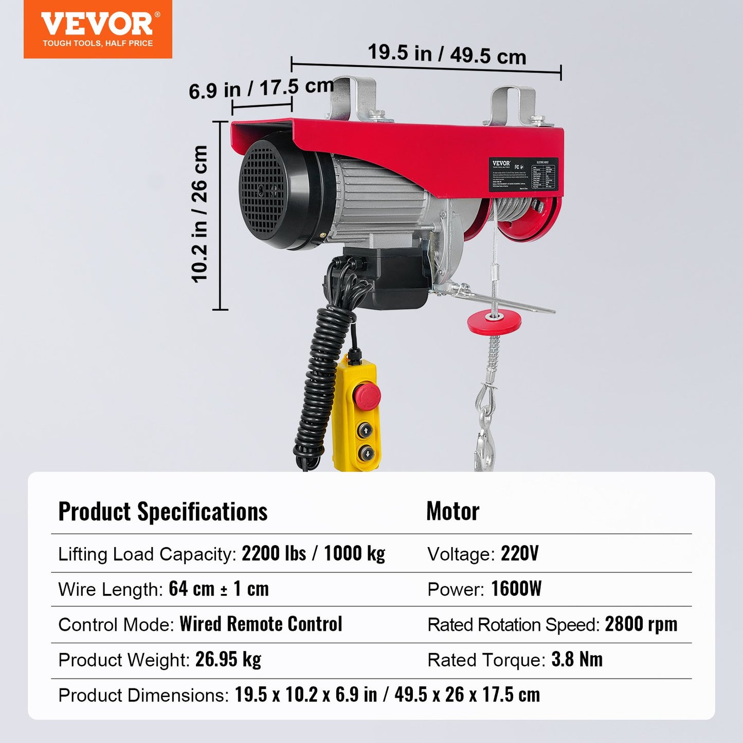 Electric Hoist, 2200 lbs Lifting Capacity, 1600W 220V Electric Steel Wire Rope Winch with 14ft Wired Remote Control, 40ft Single Cable Lifting Height and Pure Copper Motor, for Garage Warehouse Factory