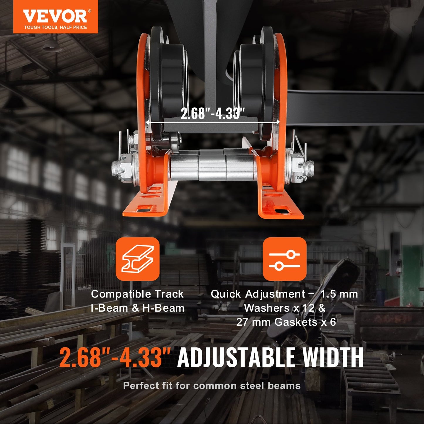 Electric Lifting Trolley Manual, 2200 lbs/1 ton Capacity for PA200 PA250 PA300 PA400 PA500, Dual Wheel Push Beam Trolley, 2.68"-4.33" Adjustable Beam Flange Width for Straight Curved I-Beam
