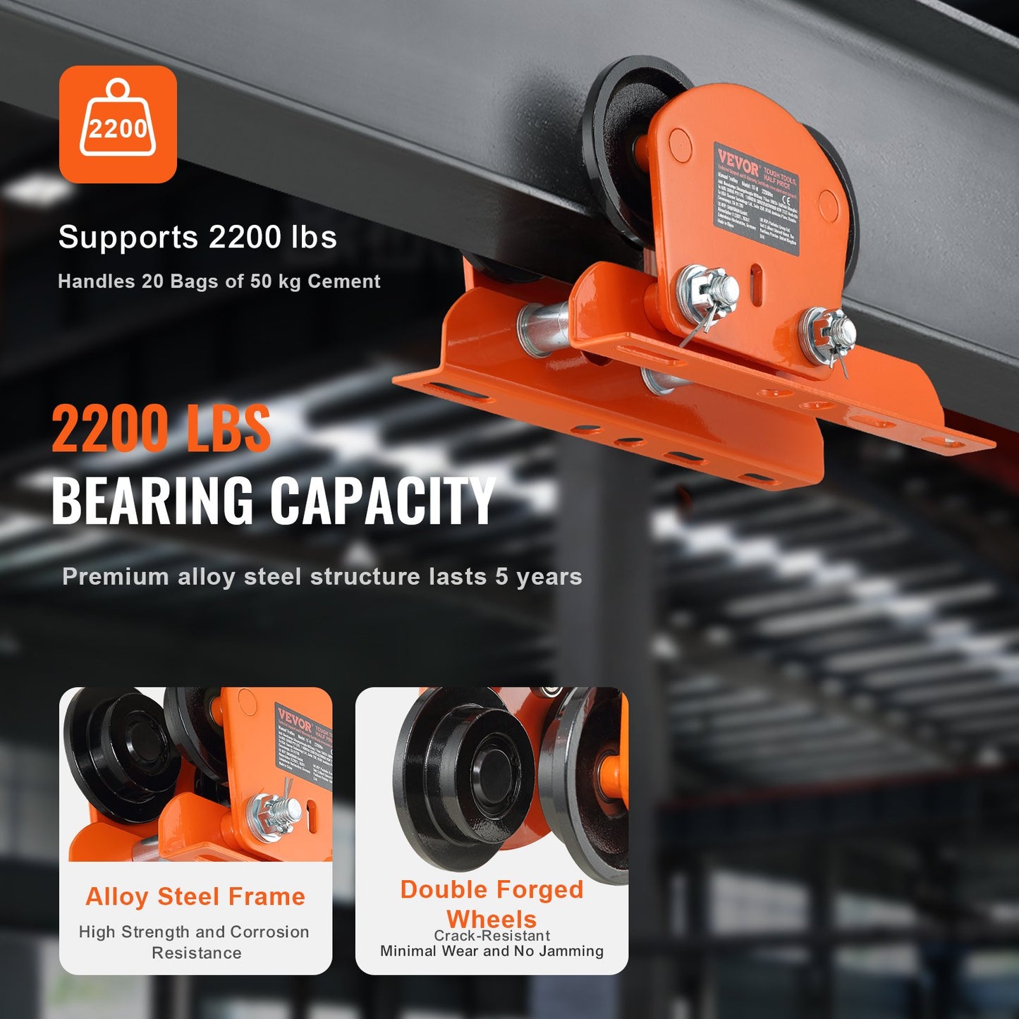 Electric Lifting Trolley Manual, 2200 lbs/1 ton Capacity for PA200 PA250 PA300 PA400 PA500, Dual Wheel Push Beam Trolley, 2.68"-4.33" Adjustable Beam Flange Width for Straight Curved I-Beam