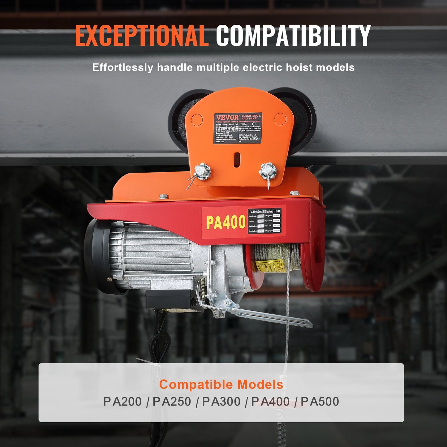 Electric Lifting Trolley Manual, 2200 lbs/1 ton Capacity for PA200 PA250 PA300 PA400 PA500, Dual Wheel Push Beam Trolley, 2.68"-4.33" Adjustable Beam Flange Width for Straight Curved I-Beam