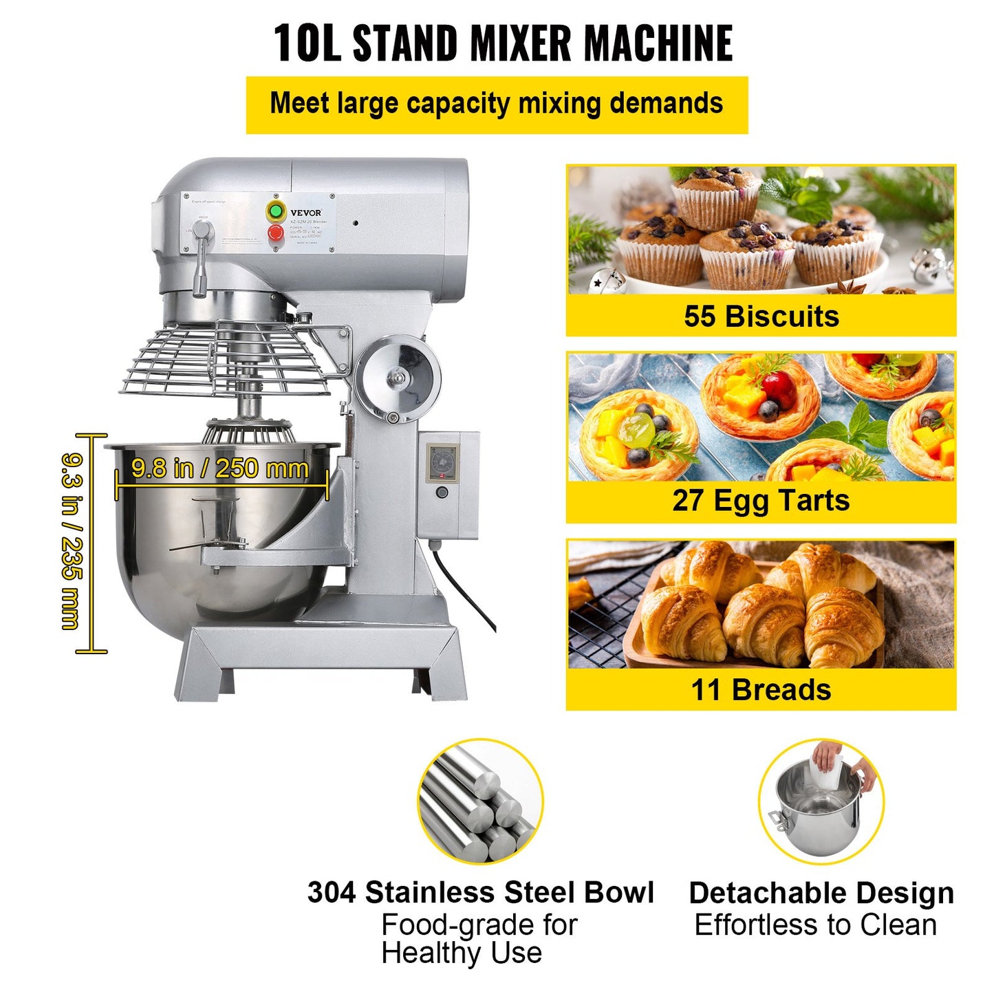 Gewerblicher Mixer, elektrischer Lebensmittelmixer, Schüssel mit 10 l Fassungsvermögen, elektrischer Teigmixer, 500 W, einstellbarer gewerblicher Mixer, Mahlwerk, 220 V, Standmixer für gewerbliche Küchen