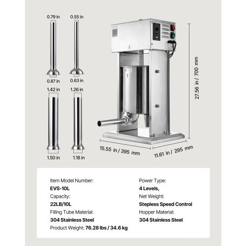 Elektrisk Korvfyllare, 10 L Vertikal Köttfyllare, Steglös Hastighetskontroll och Fotpedal, Robust Korvfyllare i Rostfritt Stål med 4 Fyllningsrör, För Kommersiellt & Hembruk | EU