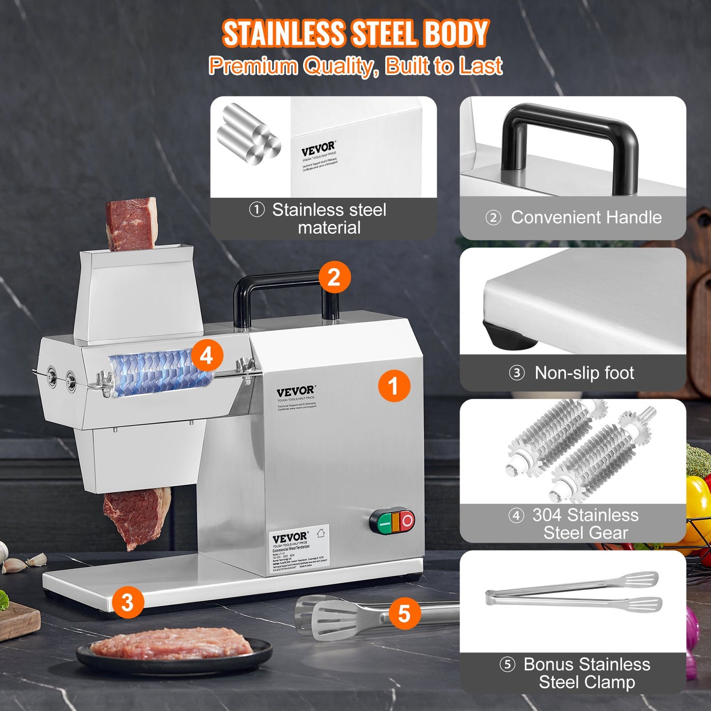 Commercial Meat Tenderizer, Heavy Duty Stainless Steel Kitchen Utensil with Handle, Meat Tongs and Cleaning Brush, 450W Electric Meat Tenderizer Machine for Beef, Turkey, Chicken, Pork and Fish