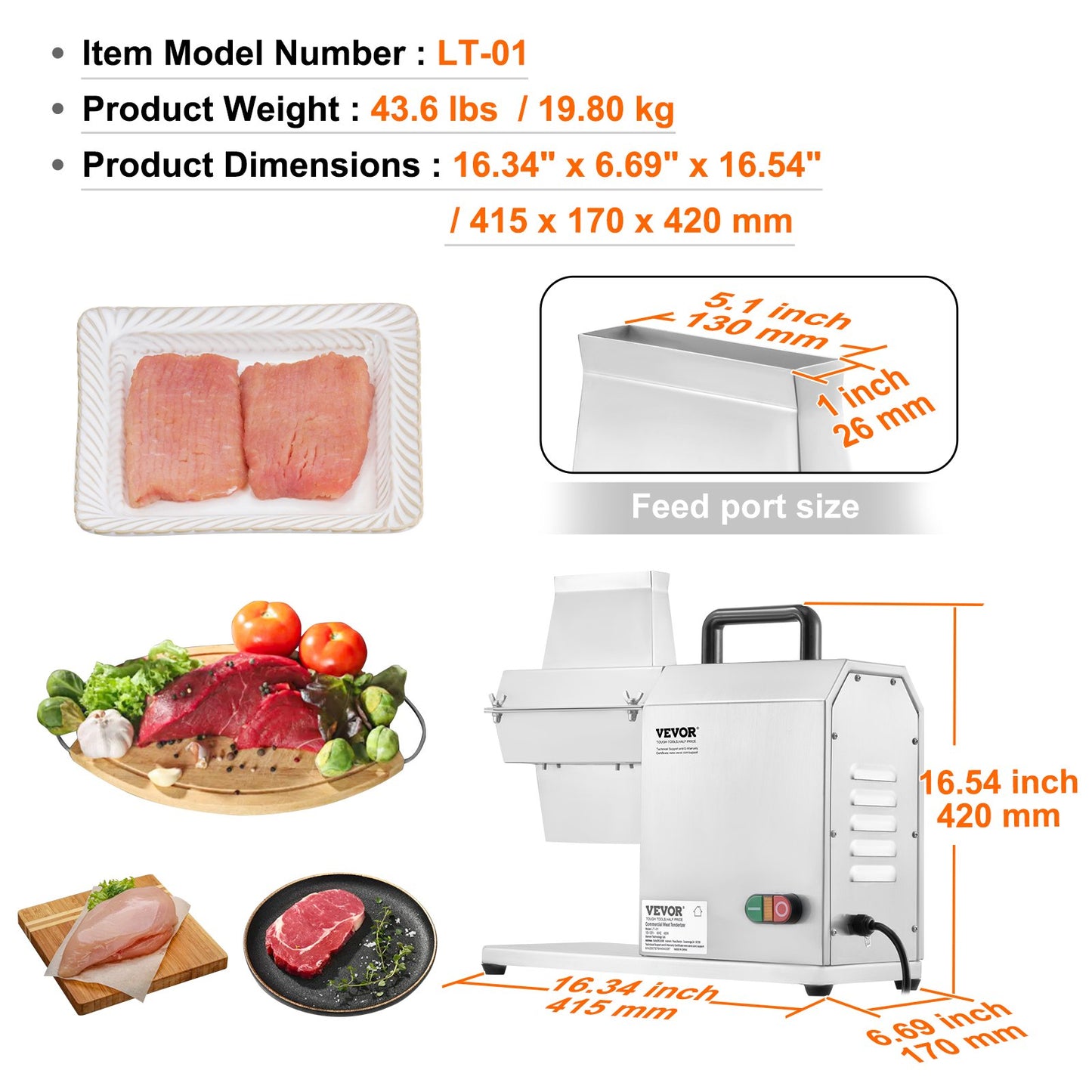 Commercial Meat Tenderizer, Heavy Duty Stainless Steel Kitchen Utensil with Handle, Meat Tongs and Cleaning Brush, 450W Electric Meat Tenderizer Machine for Beef, Turkey, Chicken, Pork and Fish