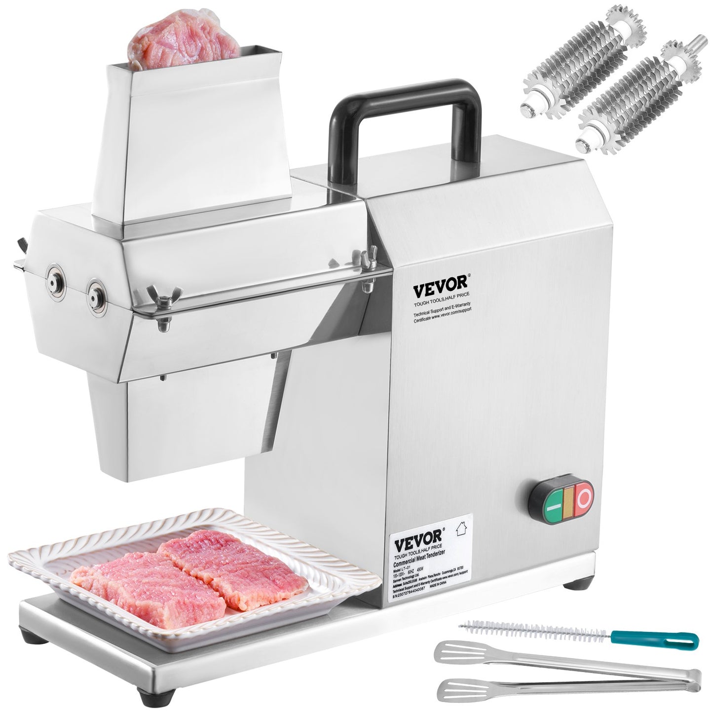 Commercial Meat Tenderizer, Heavy Duty Stainless Steel Kitchen Utensil with Handle, Meat Tongs and Cleaning Brush, 450W Electric Meat Tenderizer Machine for Beef, Turkey, Chicken, Pork and Fish