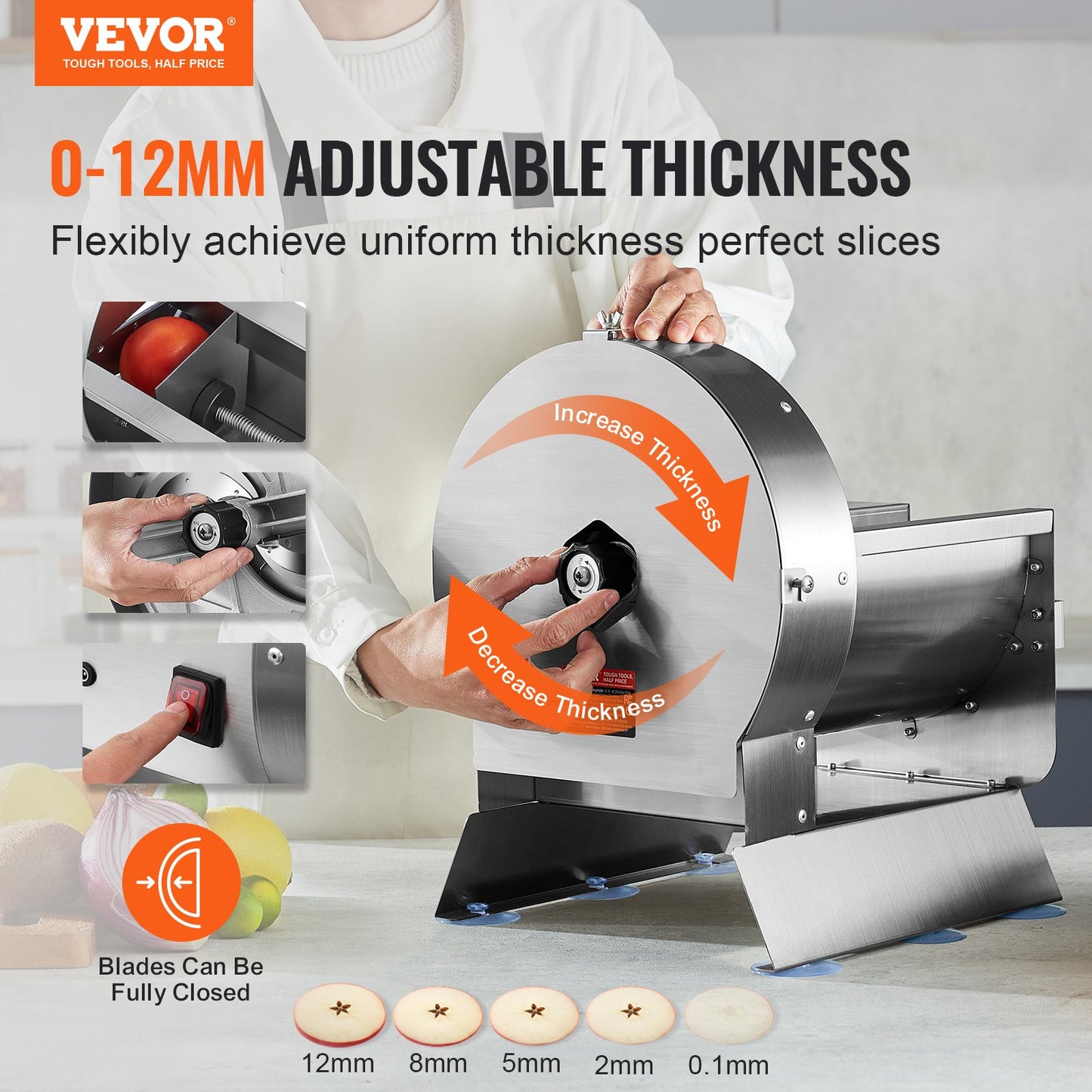 Electric Vegetable Cutter, 0-0.5"/0-12mm Adjustable Commercial Cutting Machine, Convertible to Manual, Stainless Steel Food Cutter, for Potato, Lemon, Tomato, Apple