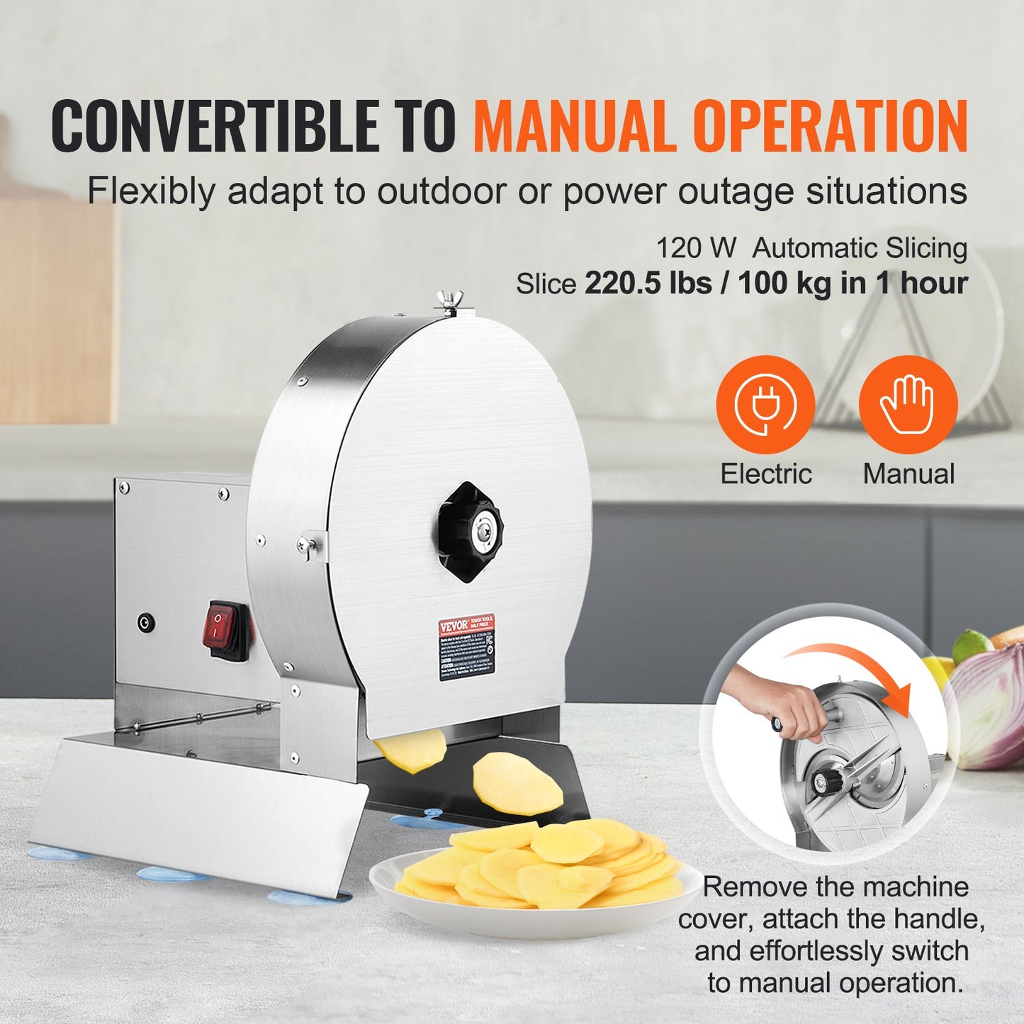 Electric Vegetable Cutter, 0-0.5"/0-12mm Adjustable Commercial Cutting Machine, Convertible to Manual, Stainless Steel Food Cutter, for Potato, Lemon, Tomato, Apple