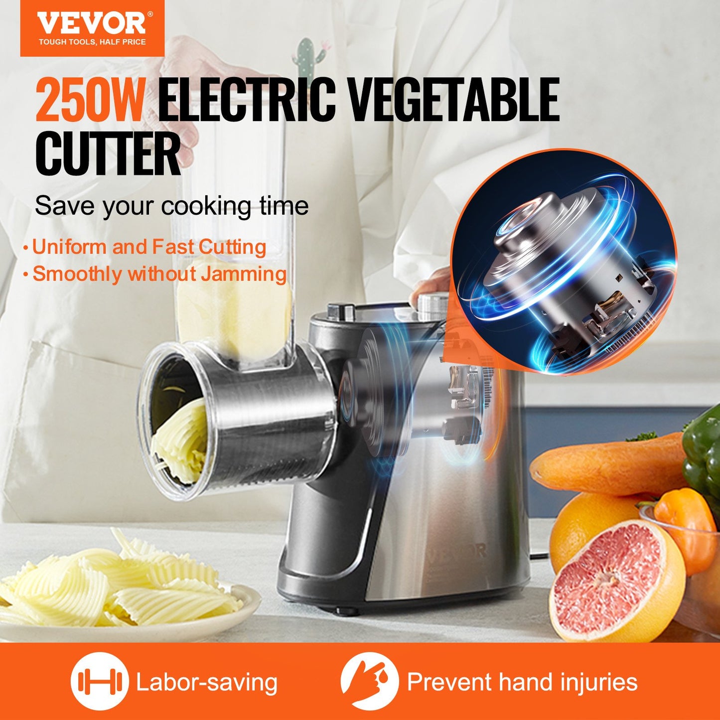Electric cheese grater salad maker, 250W salad cutter, electric vegetable cutter chopper for fruit with 5 accessories, stainless steel food cutter for vegetables and cheeses