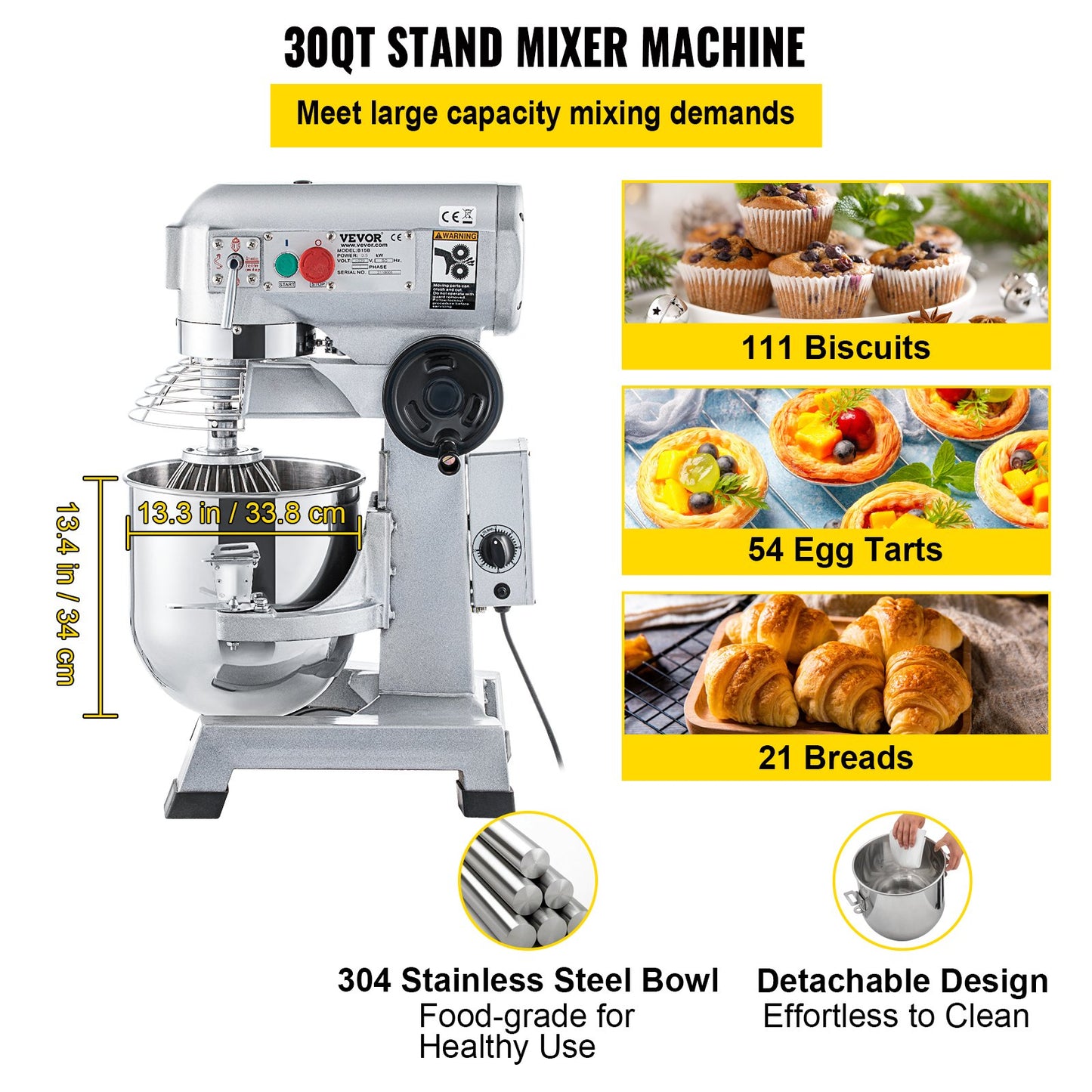 Commercial Stand Mixer, 30Qt rostfritt stål skål, 1500W Heavy Duty elektrisk matmixer med 3 hastigheter justerbar 108/199/382 rpm, degkrok visp medföljer, perfekt för bageri pizzeria
