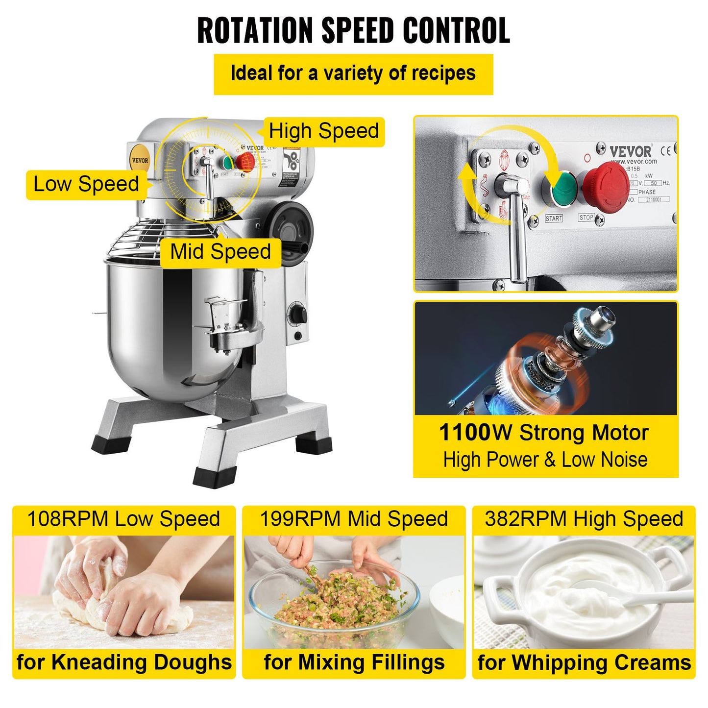 Commercial Stand Mixer, 30Qt rostfritt stål skål, 1500W Heavy Duty elektrisk matmixer med 3 hastigheter justerbar 108/199/382 rpm, degkrok visp medföljer, perfekt för bageri pizzeria