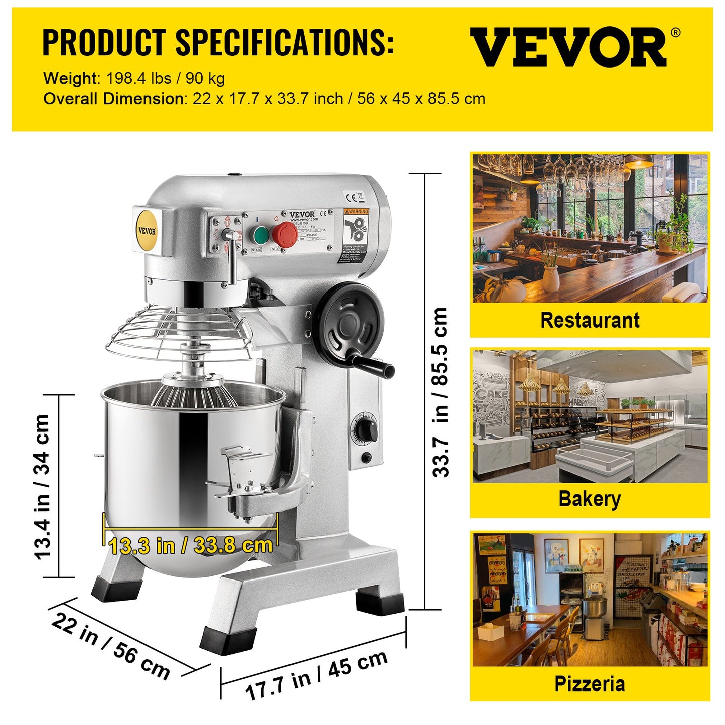 Commercial Stand Mixer, 30Qt rostfritt stål skål, 1500W Heavy Duty elektrisk matmixer med 3 hastigheter justerbar 108/199/382 rpm, degkrok visp medföljer, perfekt för bageri pizzeria