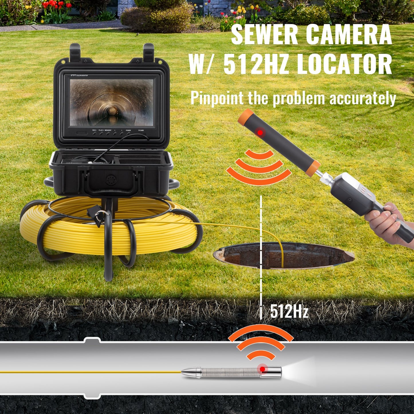 Kanalkamera, Rohrinspektionskamera mit 512-Hz-Sonde, 9-Zoll-720p-Display, 300 Fuß