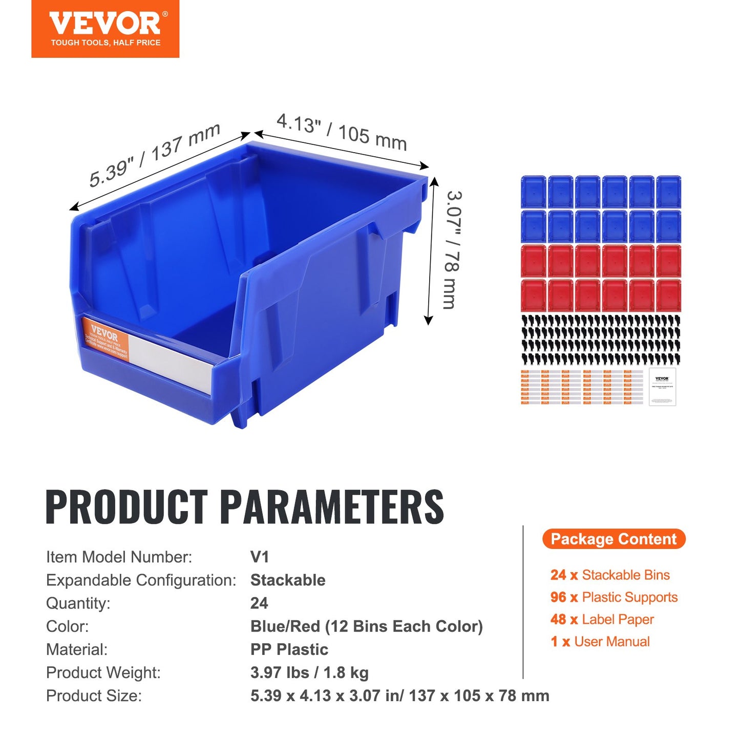 Plastic Storage Bins, (5-inch x 4-inch x 3-inch), Hanging Stackable Storage Bins, Blue/Red, 24-Pack, Heavy Duty Stacking Containers for Closet, Kitchen, Office or Pantry Organization