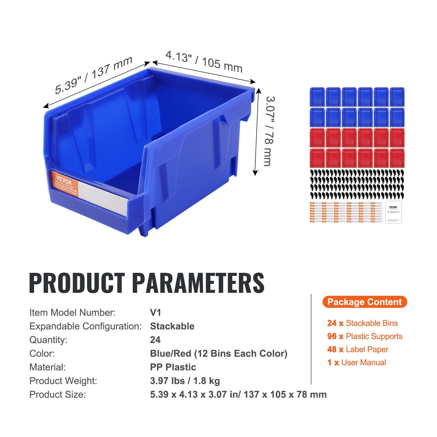 Plastic Storage Bins, (5-inch x 4-inch x 3-inch), Hanging Stackable Storage Bins, Blue/Red, 24-Pack, Heavy Duty Stacking Containers for Closet, Kitchen, Office or Pantry Organization