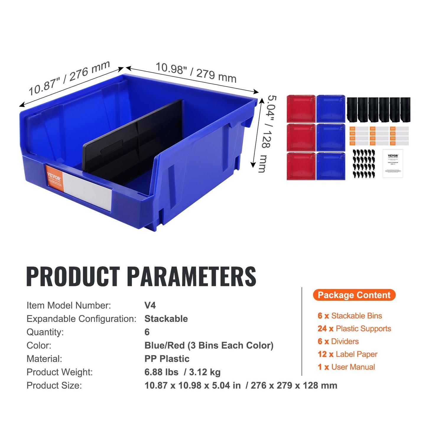 Plastic Storage Bins, (11" x 11" x 5"), Hanging Stackable Storage Bins, Blue/Red, 6-Pack, Heavy Duty Stacking Containers for Closet, Kitchen, Office or Pantry Organization