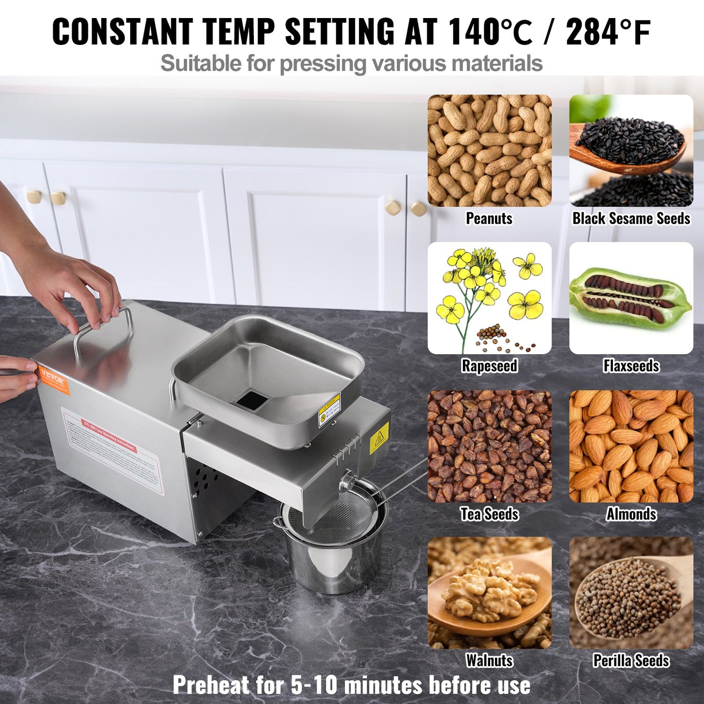 Elektrische Ölpresse, 700 W Ölextraktionsmaschine aus Edelstahl, 140 °C/284 °F konstante Temperatur, Heißpress-Ölextraktor zum Pressen von Erdnüssen, Sesamsamen, Rapssamen, Teesamen