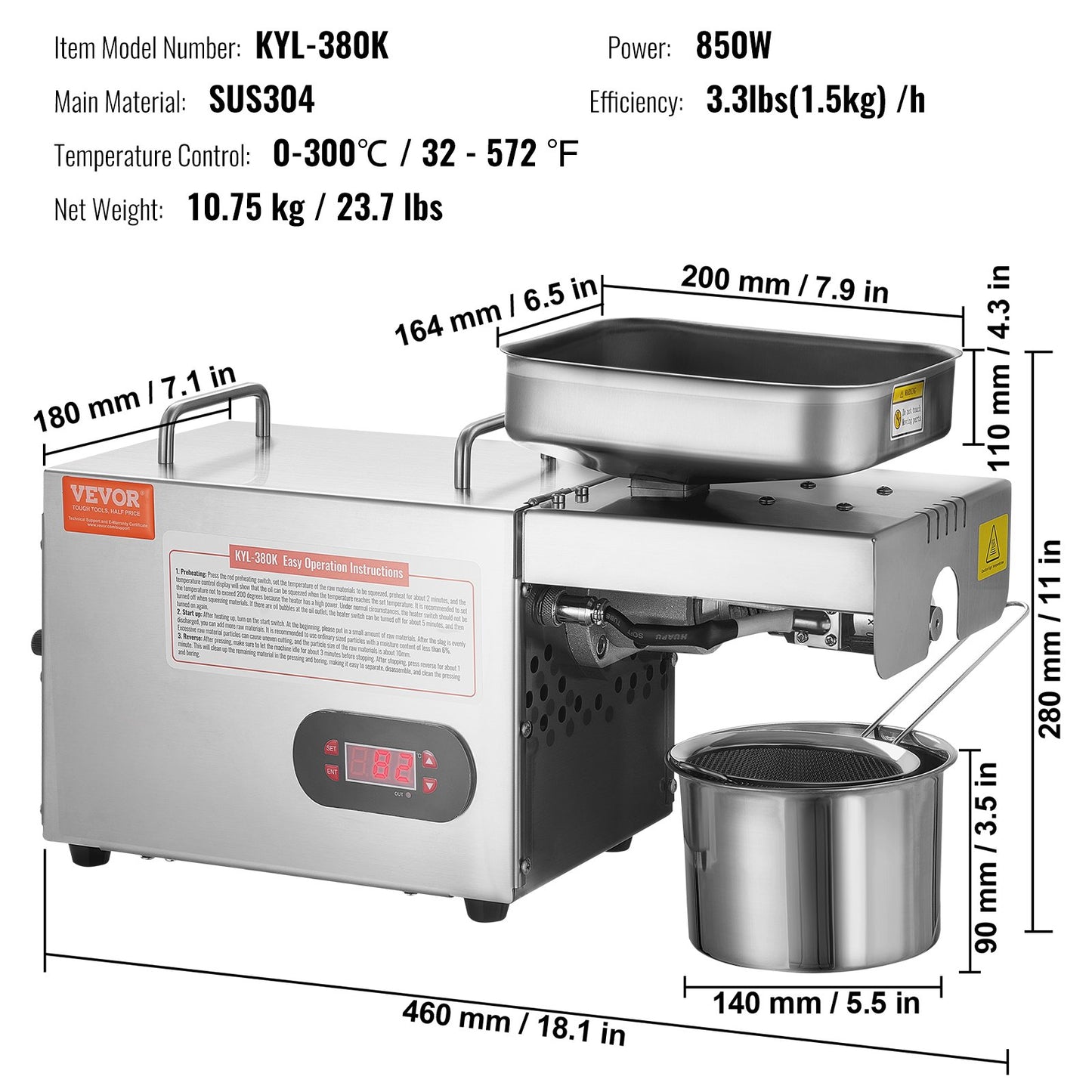 Elektrisk oljepressmaskin, 850 W oljeextraktionsmaskin i rostfritt stål, 0-300 ℃ / 32 - 572 ℉ Justerbar temperatur, varmpressoljeutdrivare för pressning av jordnötter, sesamfrön, raps, tefrön