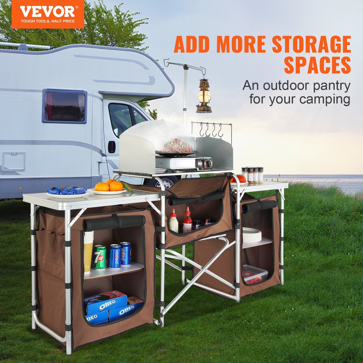 Camping-Küchentisch, faltbarer Outdoor-Kochtisch mit Aufbewahrungstasche, Aluminium-Kochstation, 3 Schränke und abnehmbare Windschutzscheibe, schneller Aufbau für Picknick, Grillen, Reisen mit dem Wohnmobil, braun