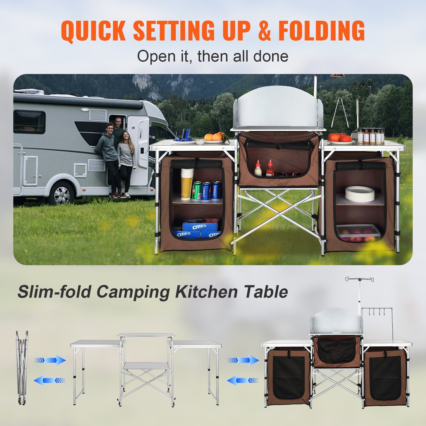 Camping-Küchentisch, faltbarer Outdoor-Kochtisch mit Aufbewahrungstasche, Aluminium-Kochstation, 3 Schränke und abnehmbare Windschutzscheibe, schneller Aufbau für Picknick, Grillen, Reisen mit dem Wohnmobil, braun