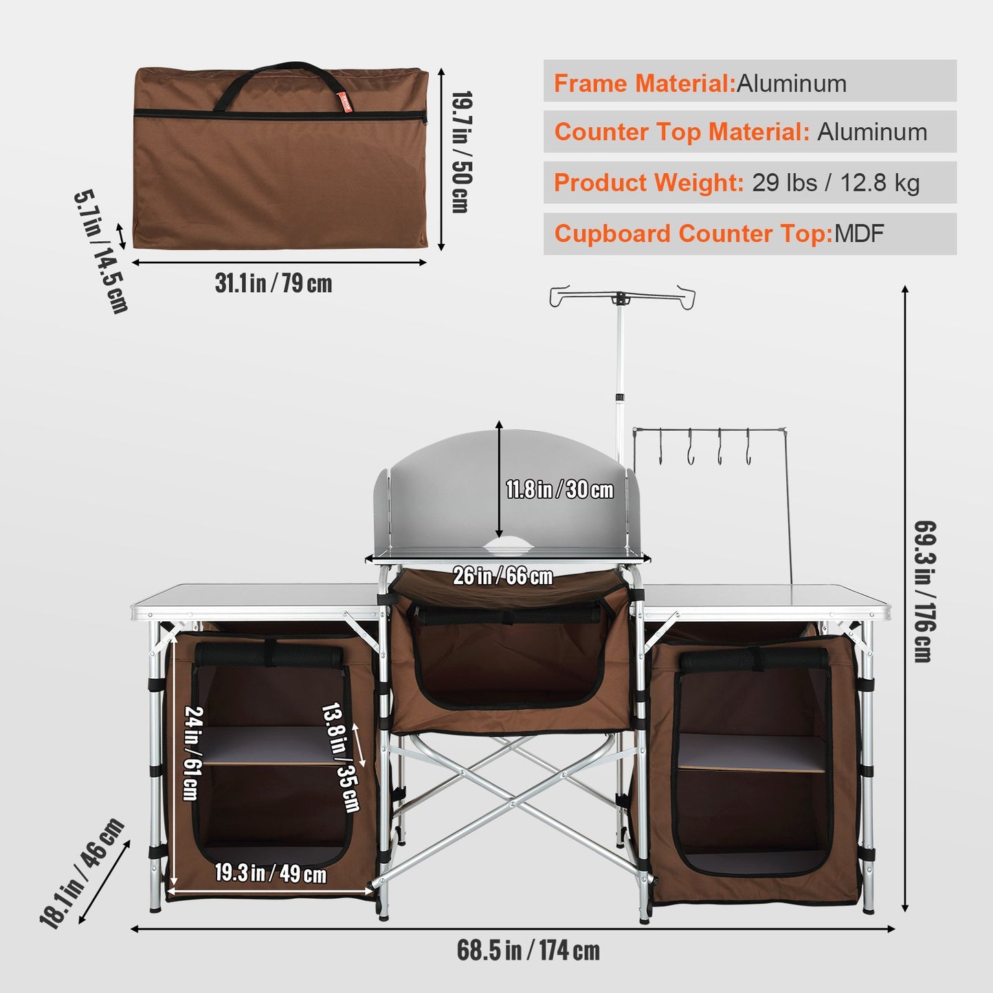 Camping-Küchentisch, faltbarer Outdoor-Kochtisch mit Aufbewahrungstasche, Aluminium-Kochstation, 3 Schränke und abnehmbare Windschutzscheibe, schneller Aufbau für Picknick, Grillen, Reisen mit dem Wohnmobil, braun