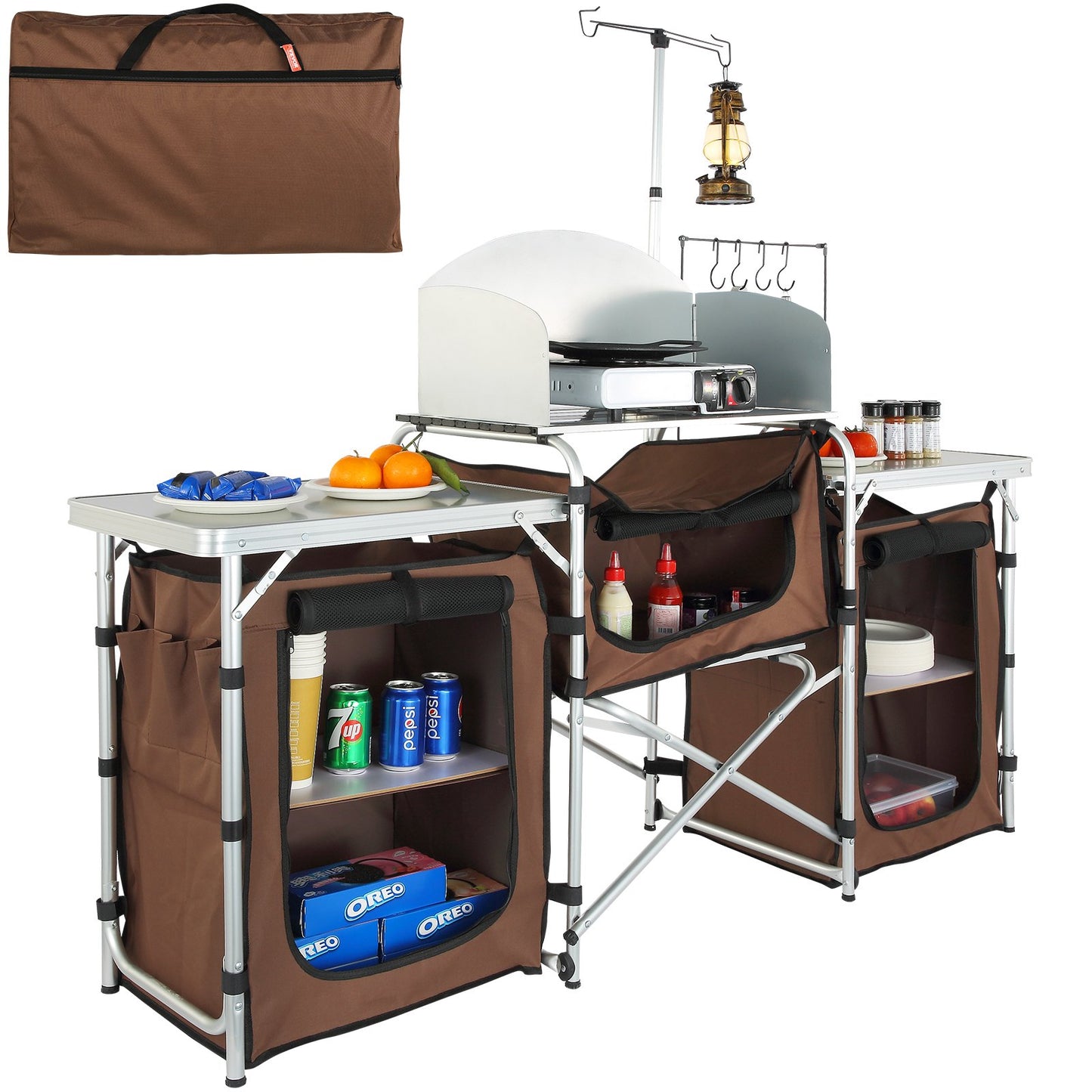 Camping-Küchentisch, faltbarer Outdoor-Kochtisch mit Aufbewahrungstasche, Aluminium-Kochstation, 3 Schränke und abnehmbare Windschutzscheibe, schneller Aufbau für Picknick, Grillen, Reisen mit dem Wohnmobil, braun