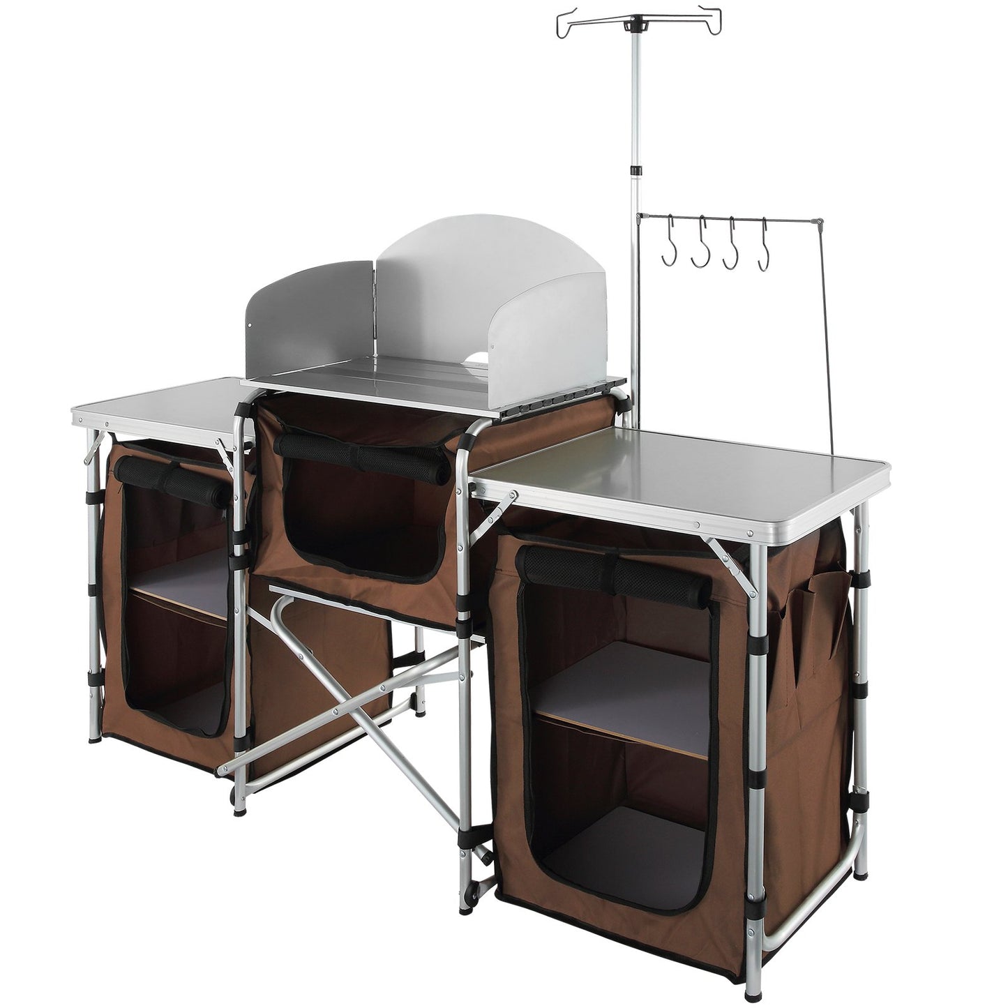 Camping-Küchentisch, faltbarer Outdoor-Kochtisch mit Aufbewahrungstasche, Aluminium-Kochstation, 3 Schränke und abnehmbare Windschutzscheibe, schneller Aufbau für Picknick, Grillen, Reisen mit dem Wohnmobil, braun