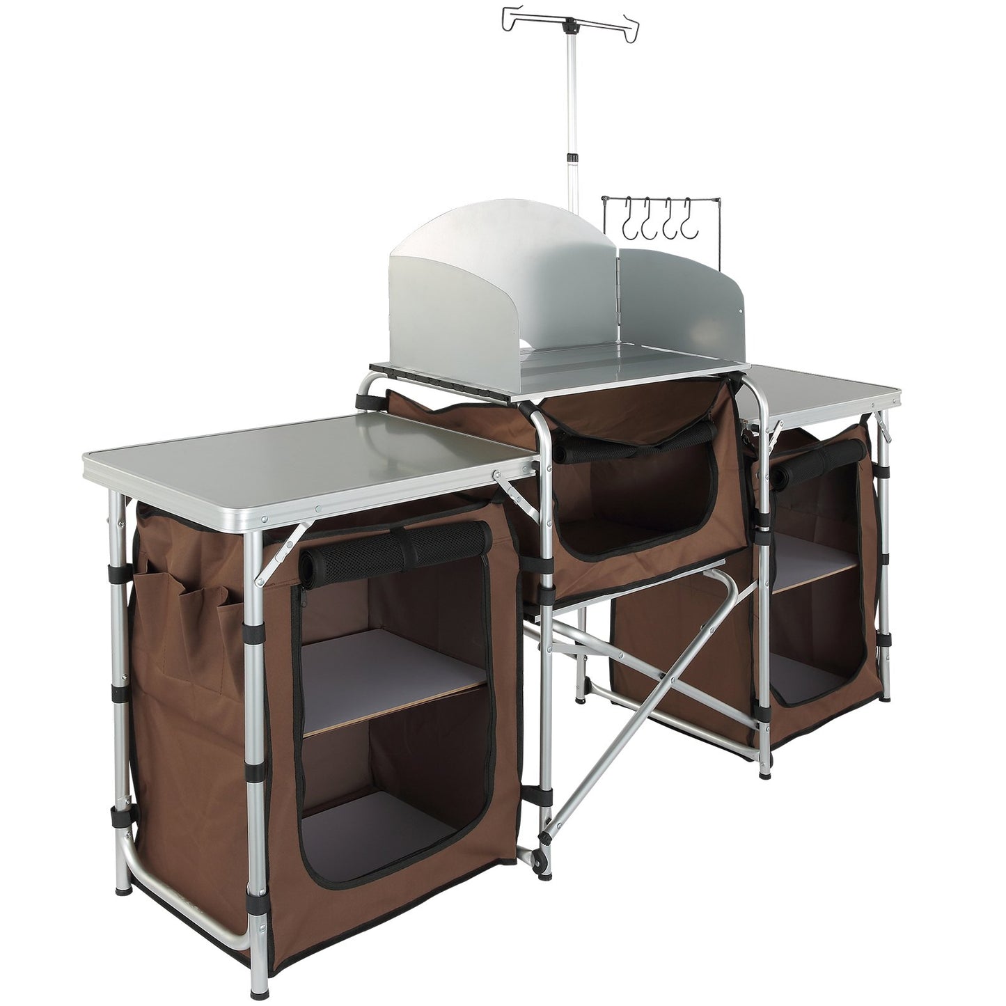 Camping-Küchentisch, faltbarer Outdoor-Kochtisch mit Aufbewahrungstasche, Aluminium-Kochstation, 3 Schränke und abnehmbare Windschutzscheibe, schneller Aufbau für Picknick, Grillen, Reisen mit dem Wohnmobil, braun