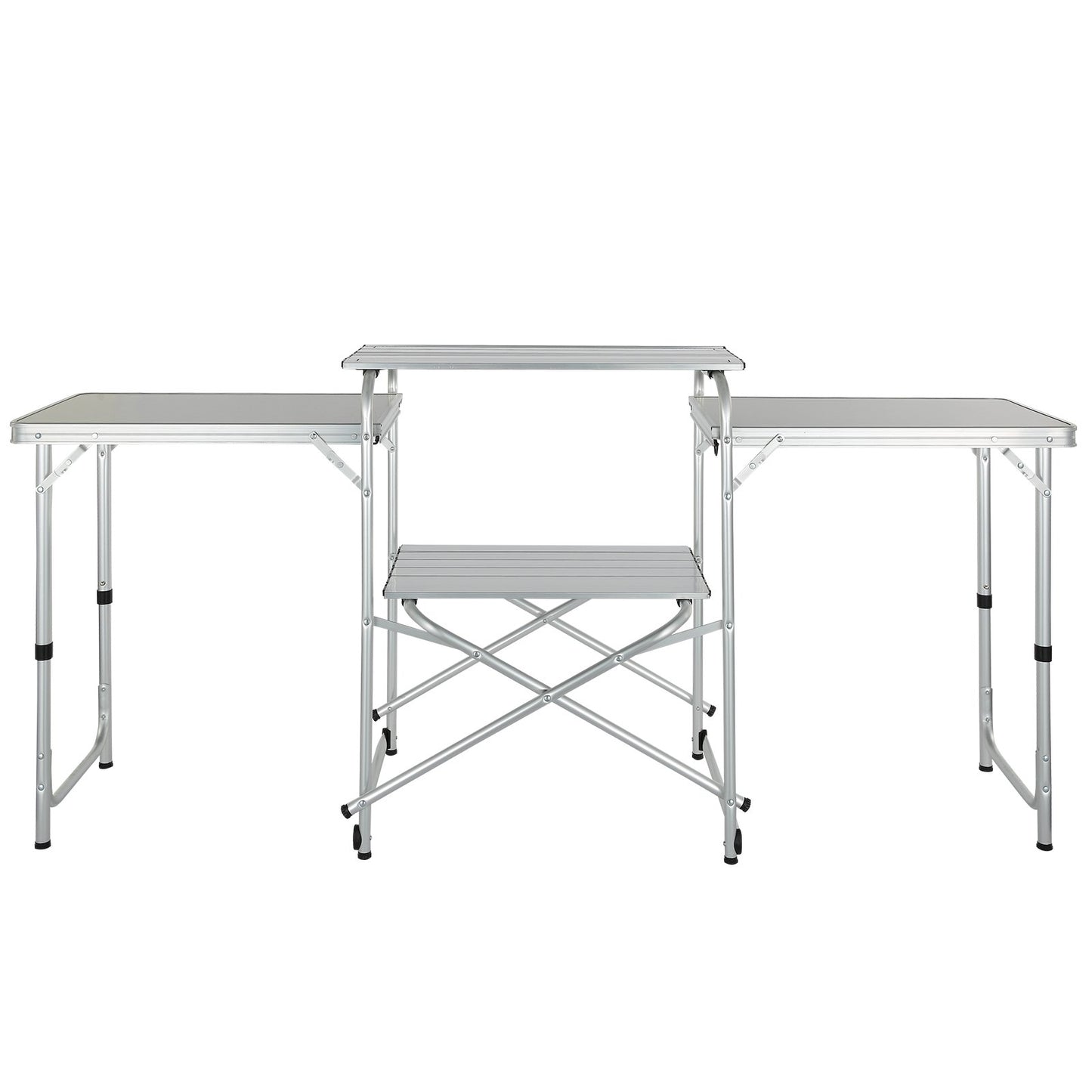 Camping-Küchentisch, faltbarer Outdoor-Kochtisch mit Aufbewahrungstasche, Aluminium-Kochstation, 3 Schränke und abnehmbare Windschutzscheibe, schneller Aufbau für Picknick, Grillen, Reisen mit dem Wohnmobil, braun