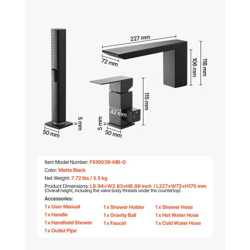 romersk badkarsblandare, badkarsblandare med 3 hål och vattenfall, romerskt badkarsblandareset med duschmunstycke och 1 handtag, badkarsblandareset för däckmontering för babyvård, mattsvart, rostfritt stål, droppfri | EU