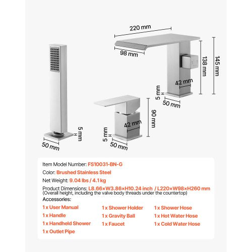 romersk badkarsblandare, badkarsblandare med 3 hål och vattenfall, utbredda romerska badkarsblandare med duschmunstycke och 1 handtag, romerska badkarsblandare för husdjurstvätt, bad för vuxna, borstat rostfritt stål | EU