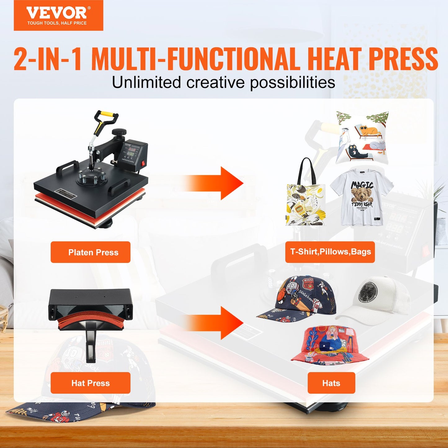 Wärmepresse, 15 x 15 Zoll/38 x 38 cm, 2-in-1-Clamshell-Sublimationstransferdrucker mit Teflonbeschichtung, digitale, präzise Wärmeregelung, Powerpress für T-Shirts, Hüte und Kappen