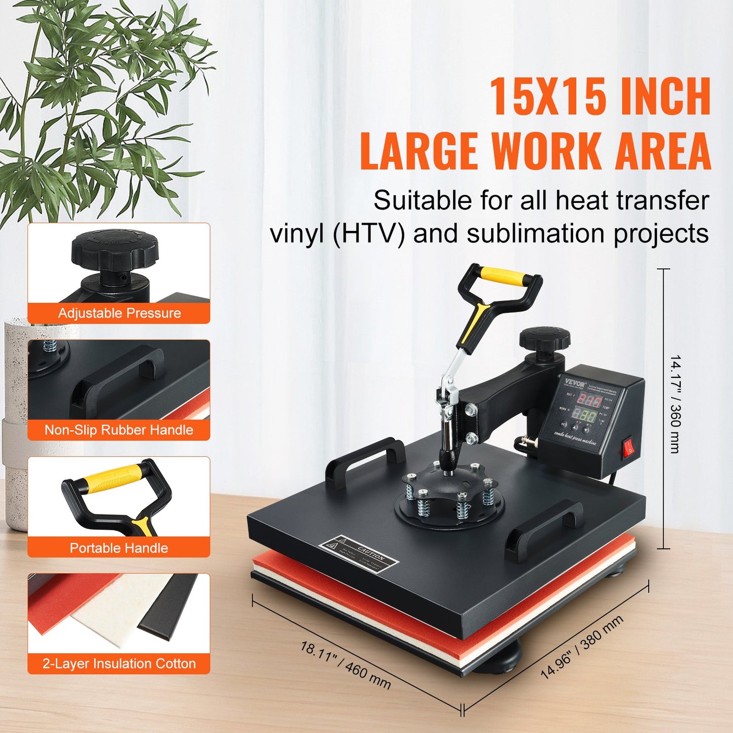 Wärmepresse, 15 x 15 Zoll/38 x 38 cm, 2-in-1-Clamshell-Sublimationstransferdrucker mit Teflonbeschichtung, digitale, präzise Wärmeregelung, Powerpress für T-Shirts, Hüte und Kappen