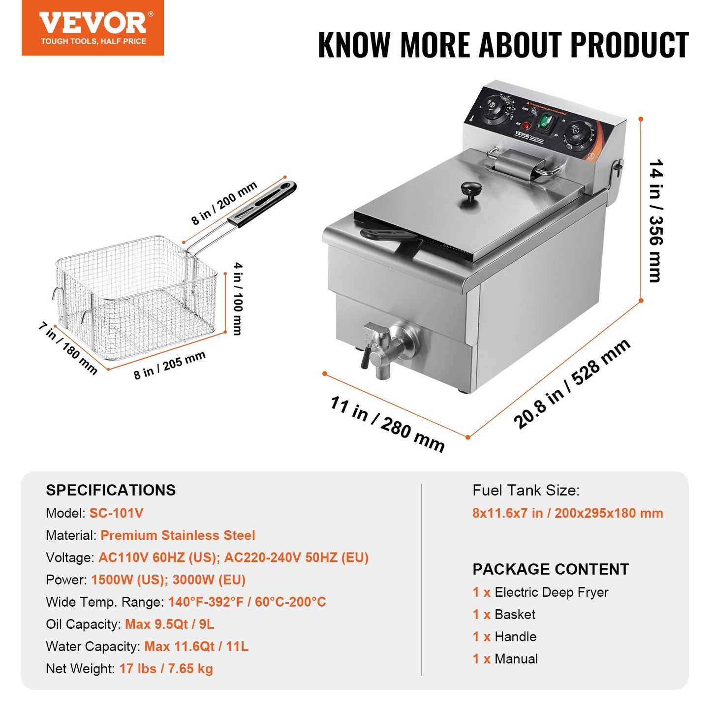 Commercial Electric Fryer 3000W 9L Stainless Steel Upgrade 200°C