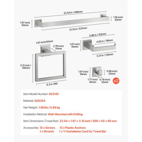 Badrumsbeslagset i borstad nickel, 5 delar badrumstillbehörsset, handdukshängare i rostfritt stål 24 tum, handduksställ, 2 badrockskrokar, toalettpappershållare för badrum, väggmonterad | EU