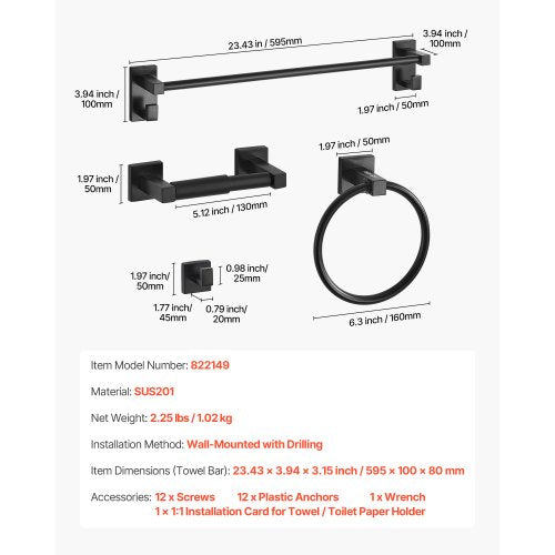 Mattsvart Badrumsbeslagset, 4 delar Badrumstillbehörsset i rostfritt stål, 24-tums handdukshängare, handduksring, badrockskrok, toalettpappershållare, för badrum, väggmonterad | EU