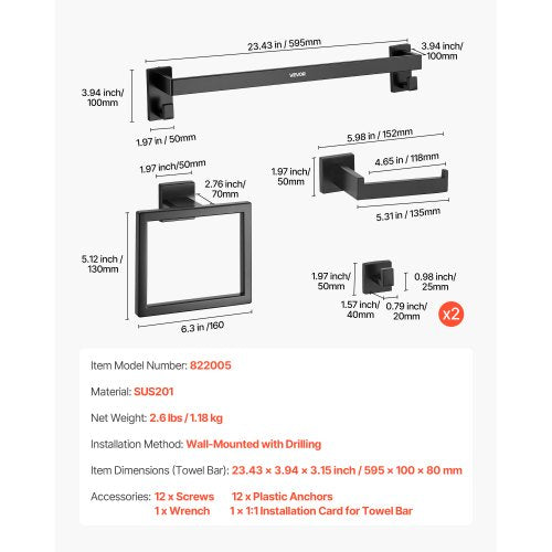 Mattsvart Badrumsbeslagset, 5 delar Badrumstillbehörsset i rostfritt stål, 24-tums handdukshängare, handduksställ, 2 badrockskrokar, toalettpappershållare, för badrum, väggmonterad | EU