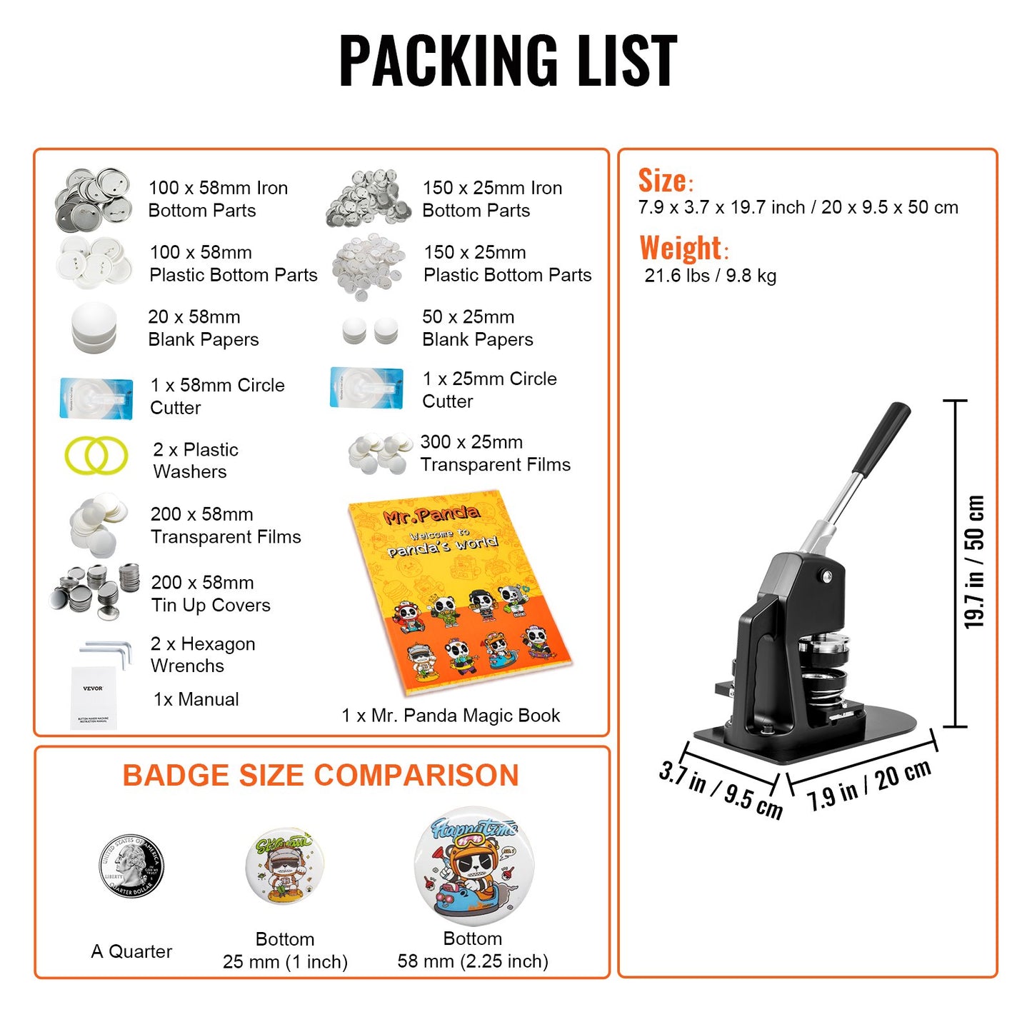 Buttonmaschine, mehrere Größen 1 + 2,25 Zoll Badge Punch Press Kit, Pin Maker für Kinder-DIY-Geschenke, Zubehör zur Buttonherstellung mit 500 Stück Buttonteilen & Kreisschneider & Zauberbuch