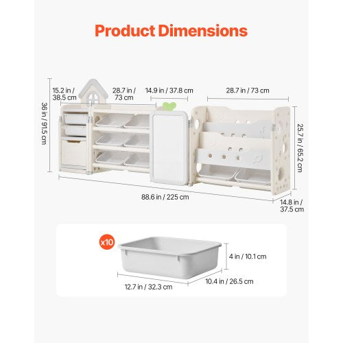 Children's toy storage and bookshelf with 10 removable plastic drawers and drawing board