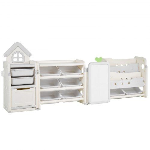 Children's toy storage and bookshelf with 10 removable plastic drawers and drawing board
