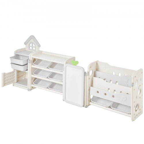 Children's toy storage and bookshelf with 10 removable plastic drawers and drawing board