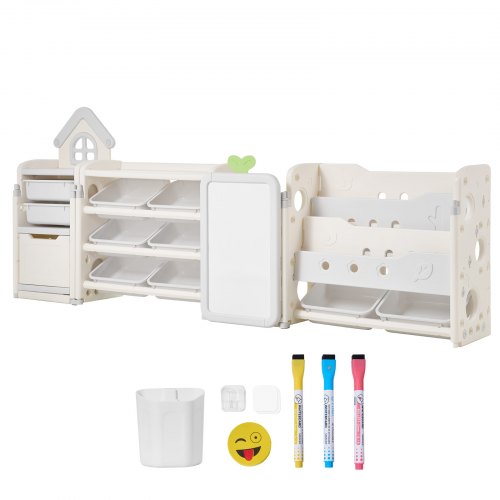 Children's toy storage and bookshelf with 10 removable plastic drawers and drawing board