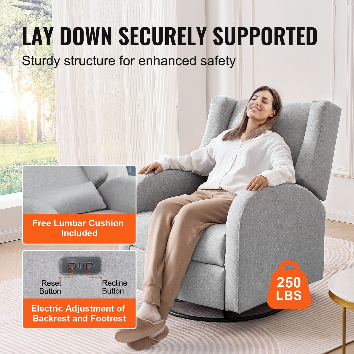 Electronic Power Recliner och Swivel Glider, 113,4 kg Vikt Kapacitet Swivel Glider Liggstol med justerbar vinkel, Polyester Surface Recliner Rocker för vardagsrum, sovrum, ljusgrå