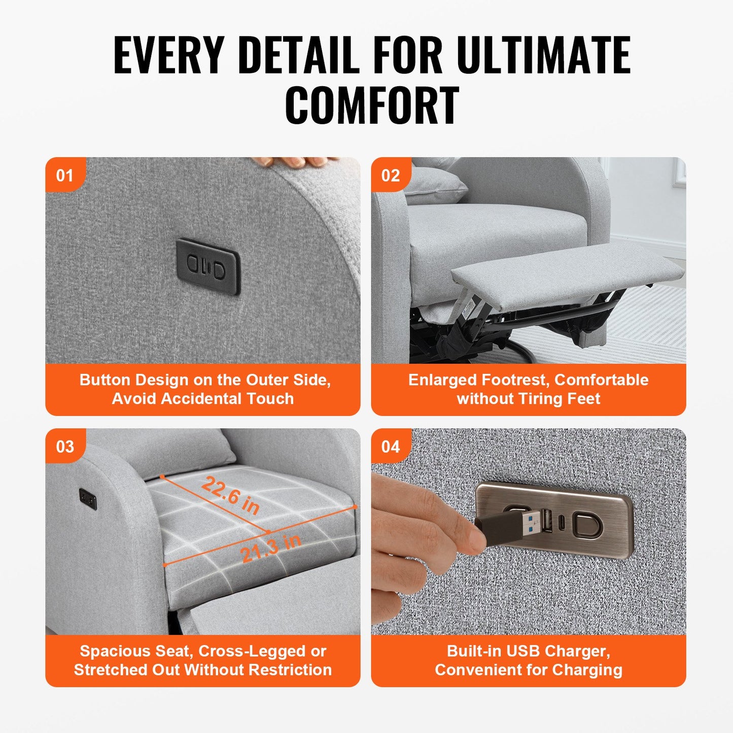 Electronic Power Recliner och Swivel Glider, 113,4 kg Vikt Kapacitet Swivel Glider Liggstol med justerbar vinkel, Polyester Surface Recliner Rocker för vardagsrum, sovrum, ljusgrå