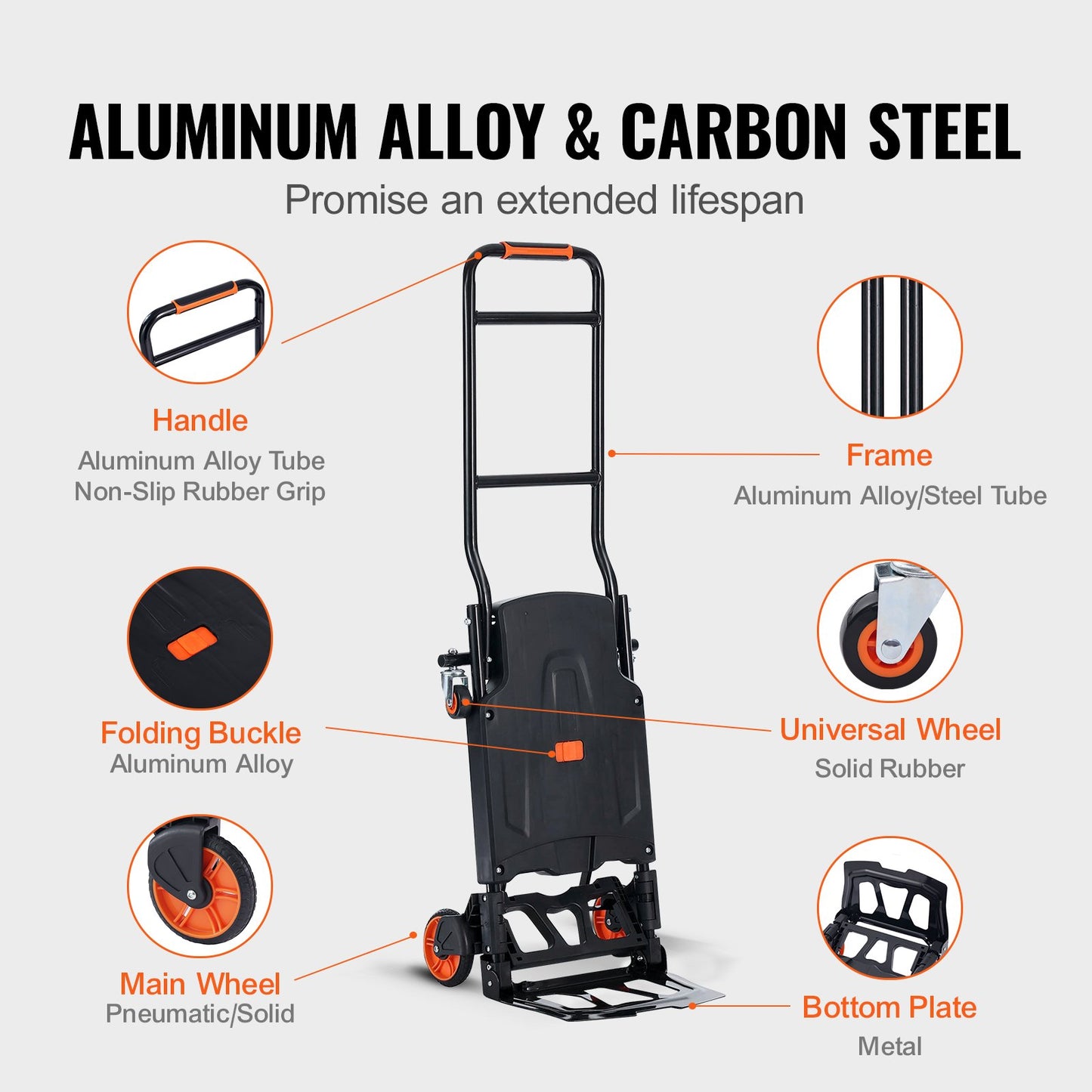 Aluminium-Sackkarre, 2-in-1, 136 kg Tragkraft, robuster, industrieller, umwandelbarer, faltbarer Sackkarre und Rollwagen, Mehrzweckwagen lässt sich von Sackkarre in Plattformwagen mit Gummirädern umwandeln