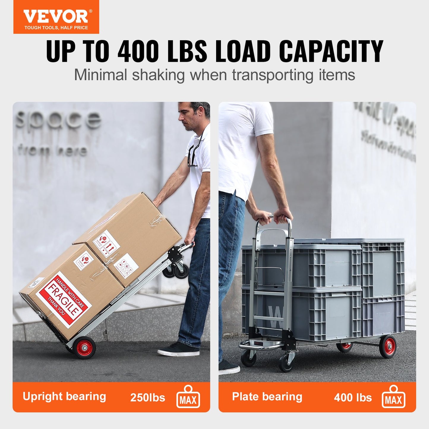 Aluminium Handtruck, 2 i 1, 400 lbs lastkapacitet, Heavy Duty Industriell Cabriolet hopfällbar Handtruck och Dolly, Utility Cart konverterar från Handtruck till plattformsvagn med gummihjul
