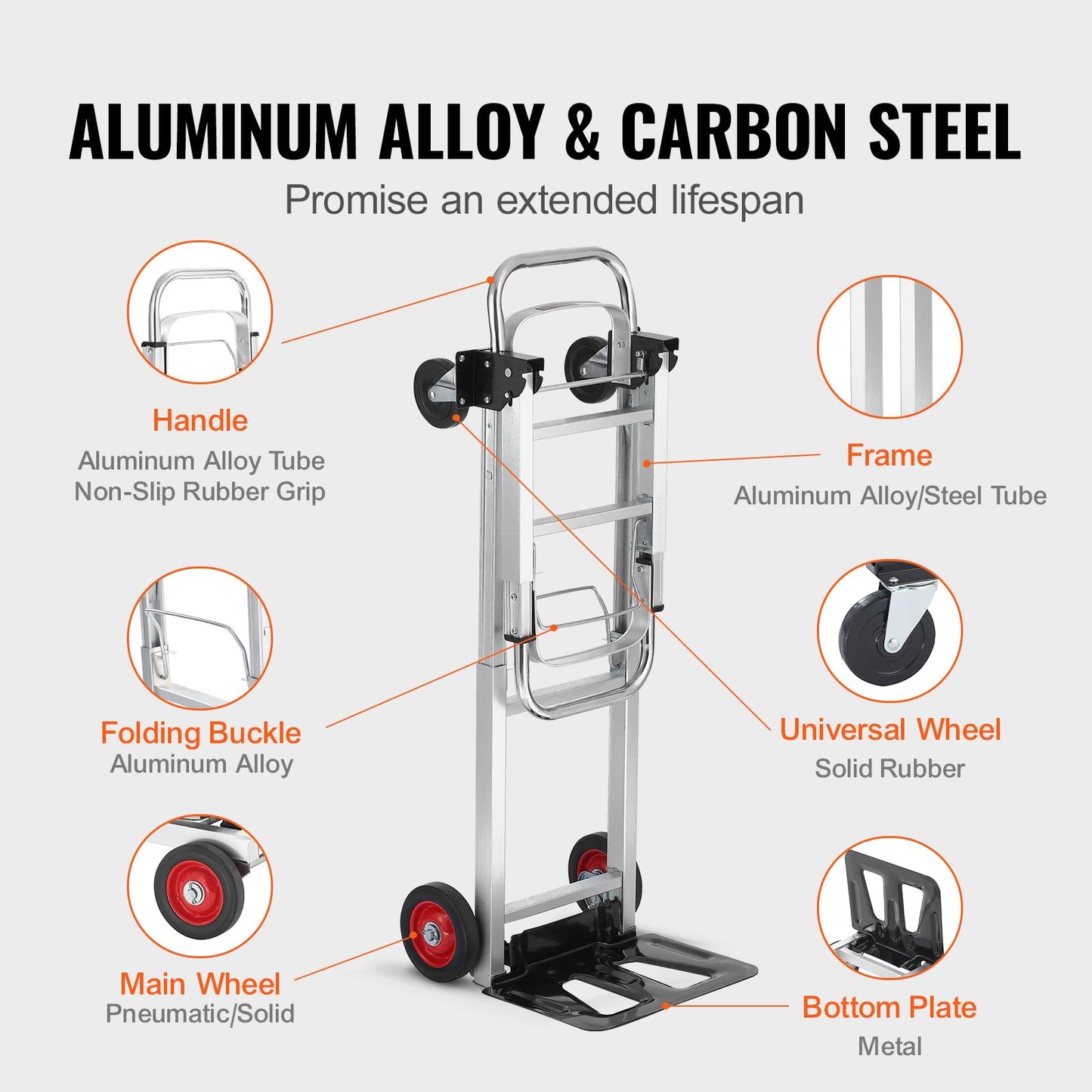 Aluminium Handtruck, 2 i 1, 400 lbs lastkapacitet, Heavy Duty Industriell Cabriolet hopfällbar Handtruck och Dolly, Utility Cart konverterar från Handtruck till plattformsvagn med gummihjul