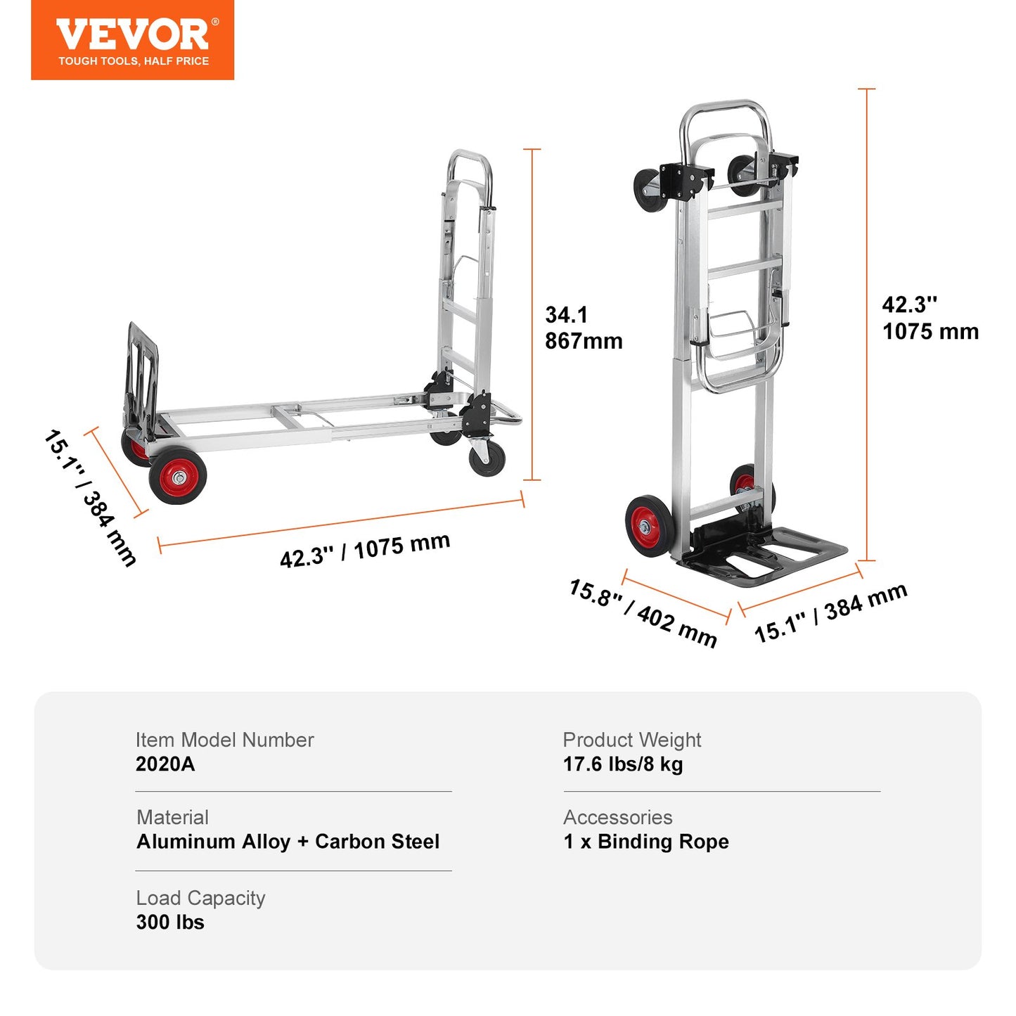 Aluminium Handtruck, 2 i 1, 400 lbs lastkapacitet, Heavy Duty Industriell Cabriolet hopfällbar Handtruck och Dolly, Utility Cart konverterar från Handtruck till plattformsvagn med gummihjul