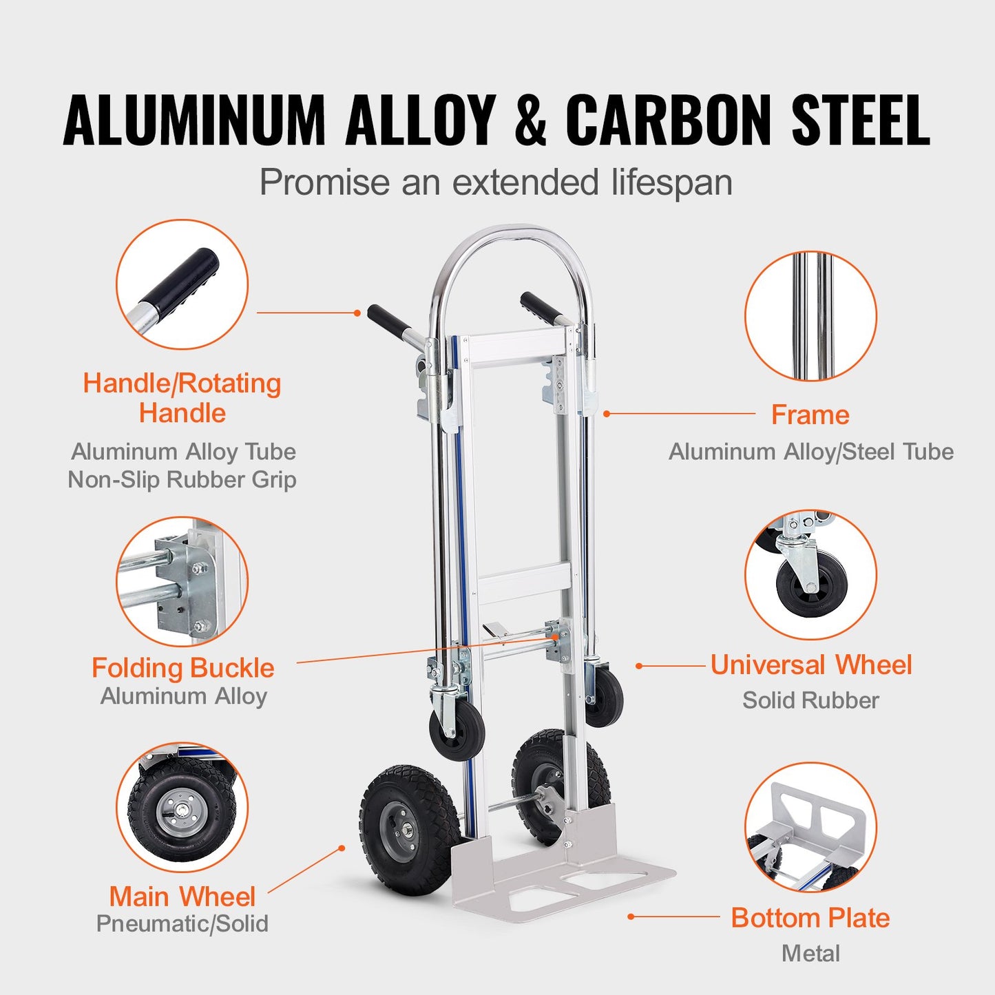Aluminium Handtruck, 2 i 1, 800 lbs lastkapacitet, Heavy Duty Industriell Cabriolet hopfällbar Handtruck och Dolly, Utility Cart konverterar från Handtruck till plattformsvagn med gummihjul
